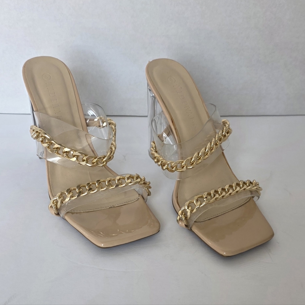 Wild Diva Heels Gold Chain Clear Heels Accents Size 8